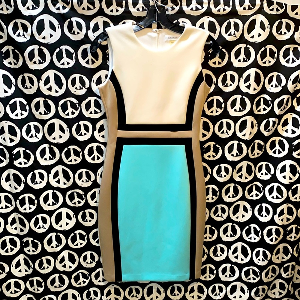 CALVIN KLEIN COLOR BLOCK SLEEVELESS DRESS SZ 2 WHITE/BLUE/TAN